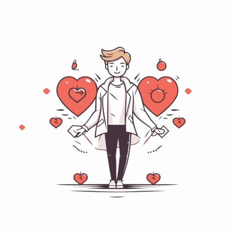 Young man in love with hearts. Valentine's day vector illustrati