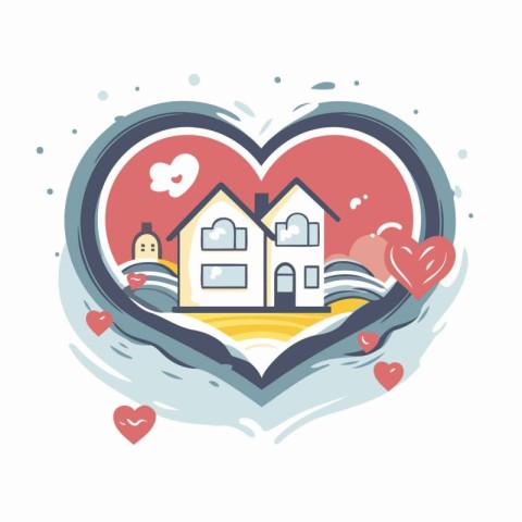 Vector illustration of a heart-shaped house in the center of the