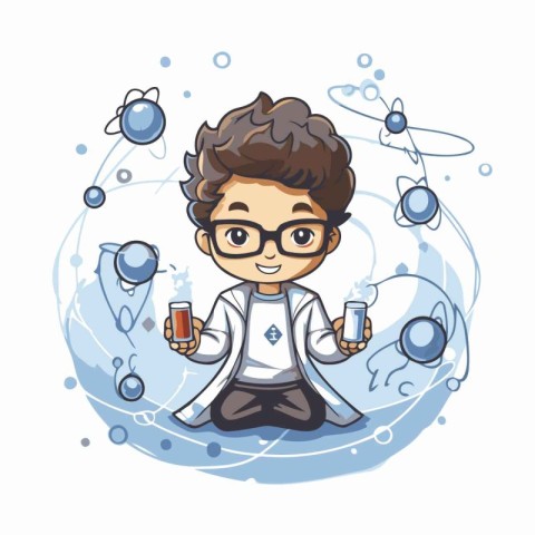 Cartoon scientist boy with test tubes and molecules. Vector illu