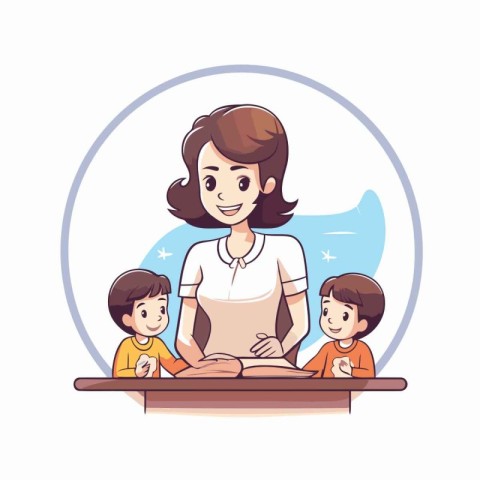 Mother and children in the classroom. Vector illustration in car