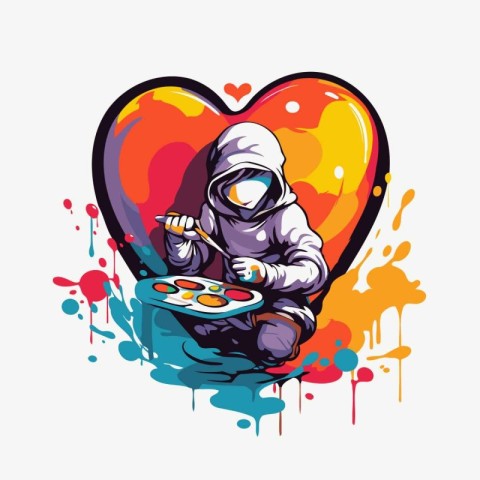 Vector illustration of a man in a gas mask paints a heart.