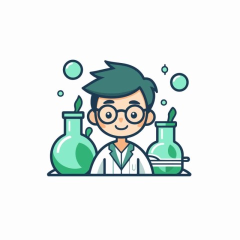 Scientist in lab coat and glasses. Vector illustration in flat s