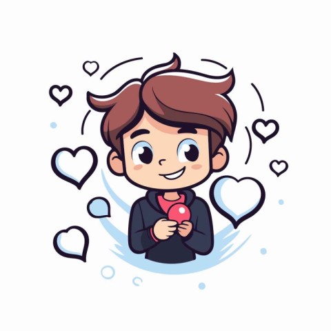 Cute boy holding a red heart in his hand. Vector illustration.