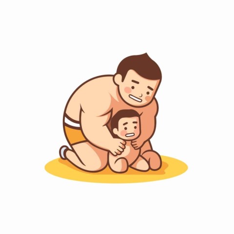 Vector cartoon illustration of a fat man playing with his baby b