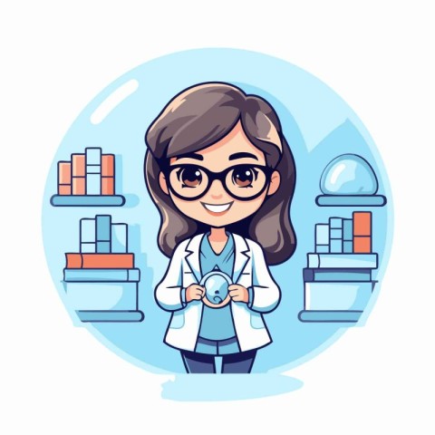 Cute little girl in science lab coat holding camera. Vector illu