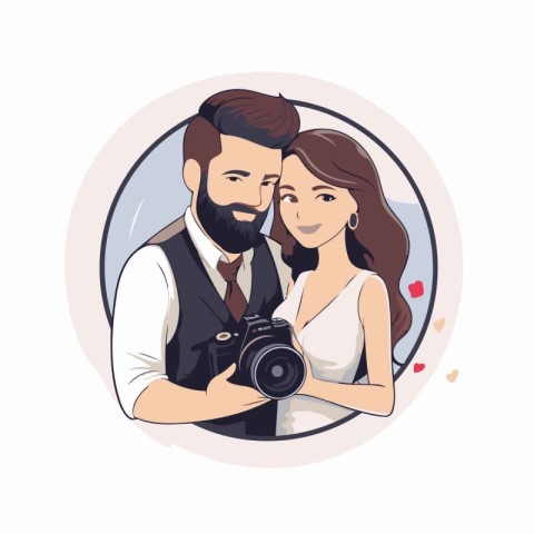 Photographer and bride with camera. Vector illustration in retro