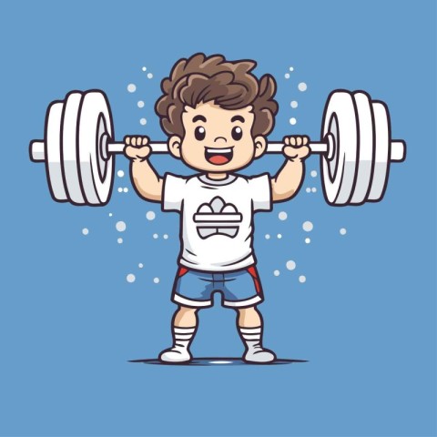 Boy lifting a barbell. Vector illustration of a cartoon characte