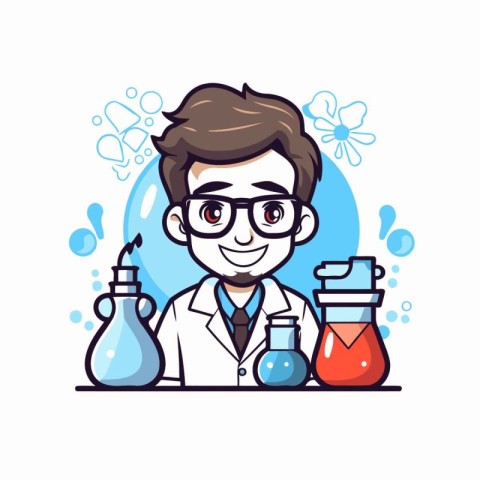 Scientist cartoon character with test tube and flask. Vector ill