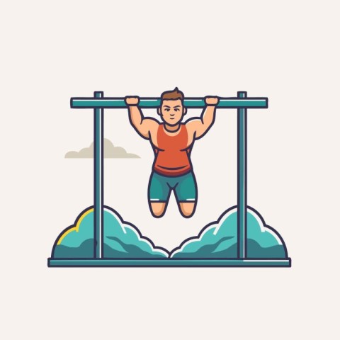 Man doing pull-ups on horizontal bar. Vector illustration in fla