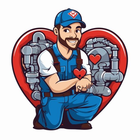 Plumber with a heart in his hand. Vector illustration in cartoon