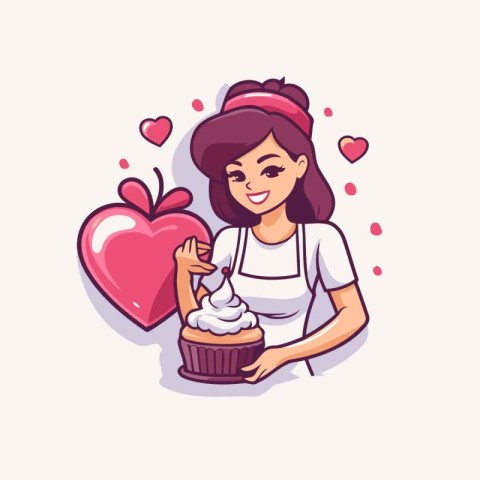 Cute girl with cupcake and heart. Vector illustration in cartoon