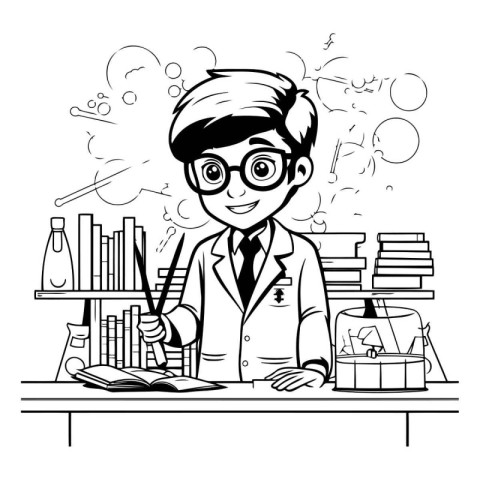 Vector illustration of a scientist in a laboratory. Line art sty