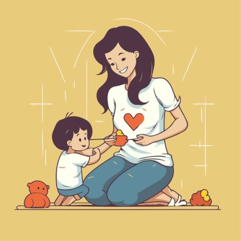 Mother and daughter playing with toys. Vector illustration in ca