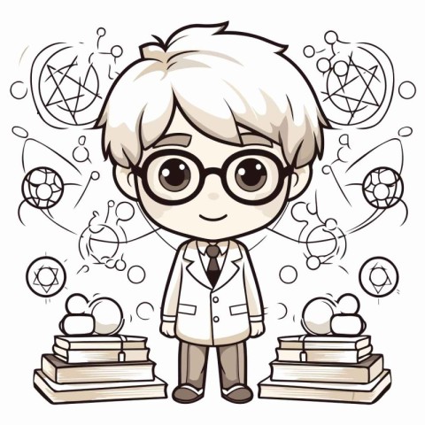 Cute boy scientist with science doodles on white background illu