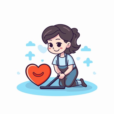 Cute little girl using a tablet computer with a heart. Vector il