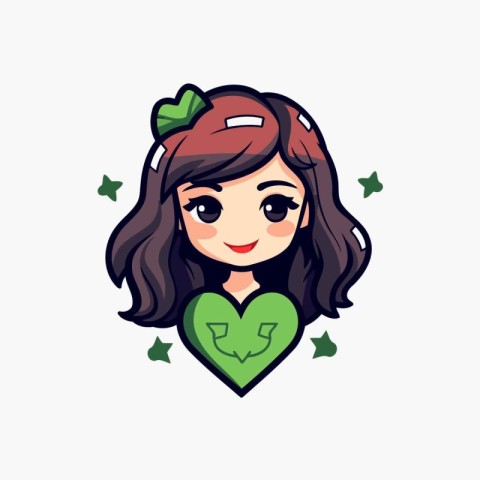 Cute girl with green heart. Vector illustration in cartoon style