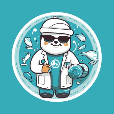 Cute panda doctor in lab coat and glasses. Vector illustration.