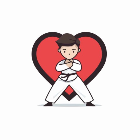 Karate man in a red heart. Vector illustration in flat style