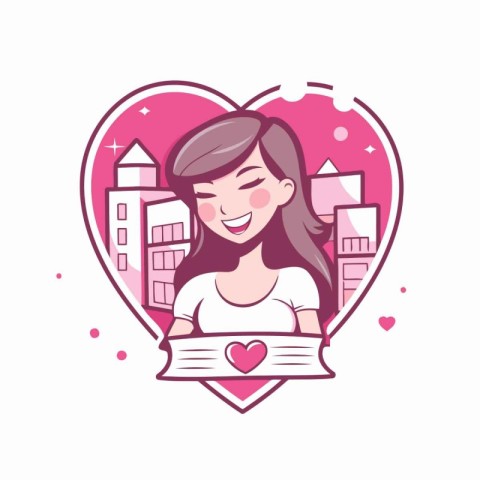 Cute girl with a book in heart shape. Vector illustration.