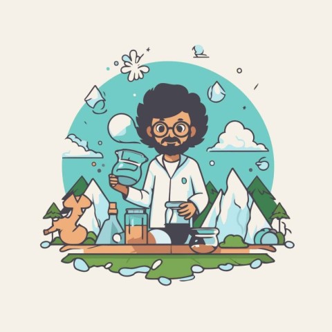 Vector illustration of a scientist working in the nature. Cartoo