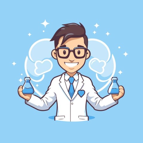 Scientist holding flask with chemical liquid. Vector illustratio