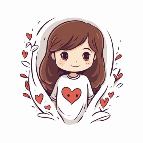 Cute little girl with hearts around her. Vector cartoon illustra