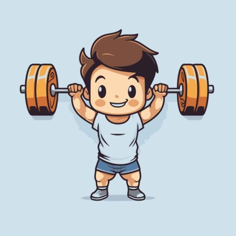 Cartoon boy lifting barbell over blue background. Vector illustr