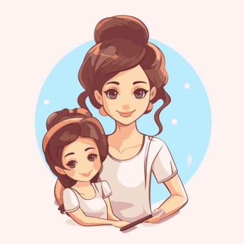 Beautiful mother and her daughter. Vector illustration in cartoo