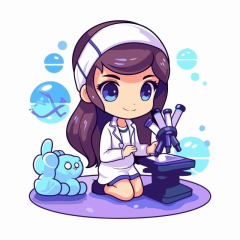 Cute little girl scientist working with microscope. Vector illus
