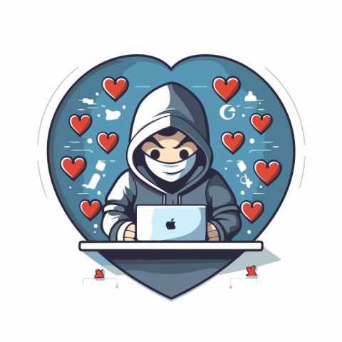 Vector illustration of a boy in a hood with a laptop in the hear