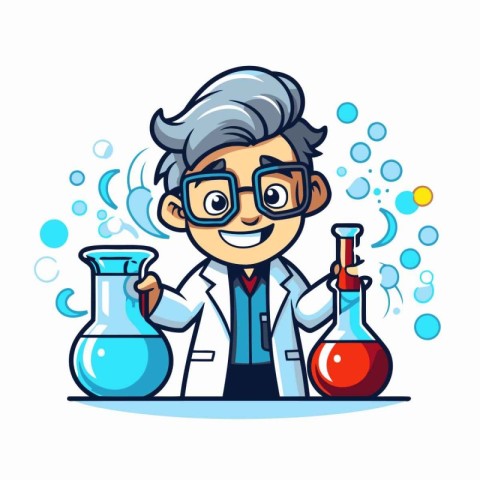 Scientist with chemical flasks. Vector illustration in cartoon s