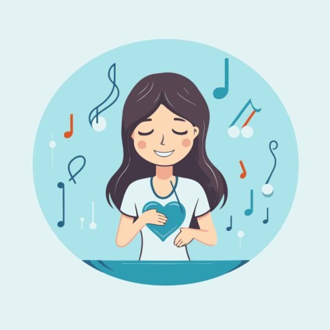 Young woman listening to music. Vector illustration in a flat st