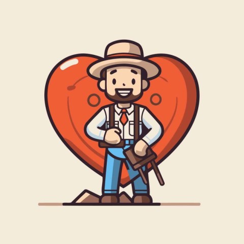 Cartoon farmer with shovel and heart. Flat design vector illustr