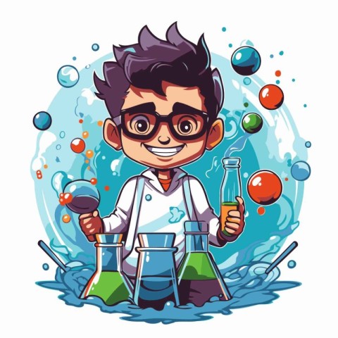 Scientist with chemical flasks. Vector illustration in cartoon s