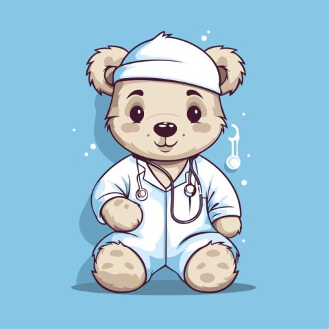 Cute cartoon teddy bear in medical uniform and stethoscope