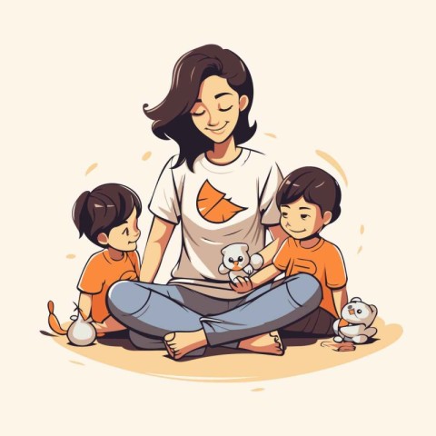 Mother and children sitting on the floor and playing with toys.