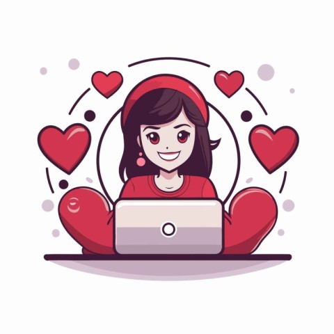 Cute girl with laptop and hearts around vector illustration grap