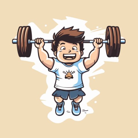 Fitness boy lifting a barbell. Vector illustration in cartoon st