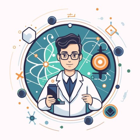 Scientist with a mobile phone in his hands. Vector illustration.