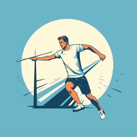 Athletic man running in the stadium. Vector illustration.