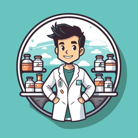 Pharmacist in the round frame. Vector illustration in cartoon st