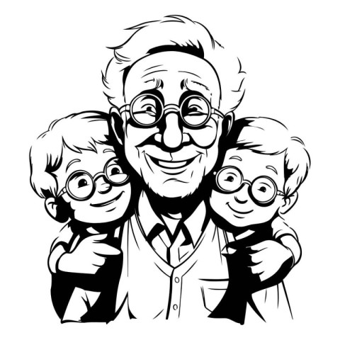 Grandfather with grandchildren. Black and white vector illustrat