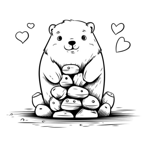 Polar bear sitting on a pile of stones and holding a heart