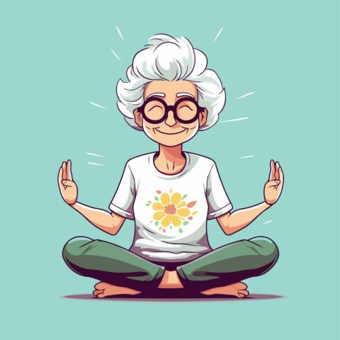 Old woman sitting in lotus position. Vector illustration. Cartoo