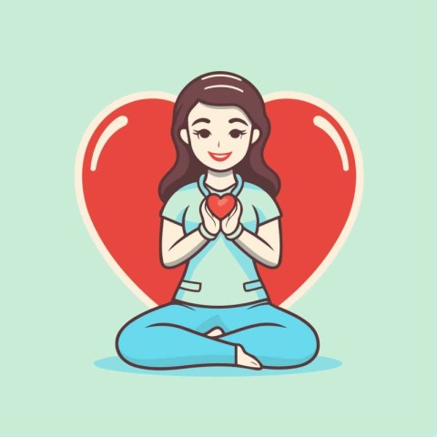 Woman meditating in lotus position with red heart. Vector illust