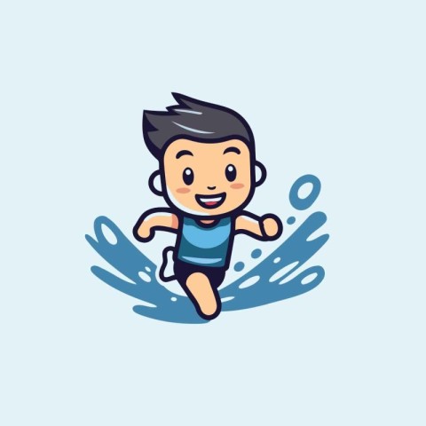 Cute boy running on water. Vector illustration. Cartoon characte