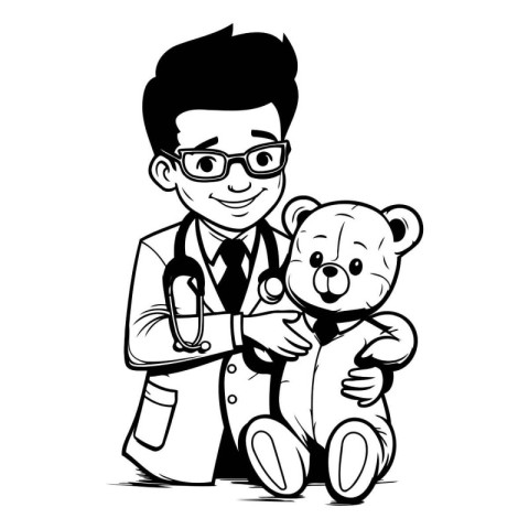 Vector illustration of a doctor with a teddy bear on white backg