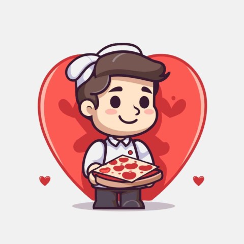 Cute boy chef holding pizza and love heart. Vector illustration.