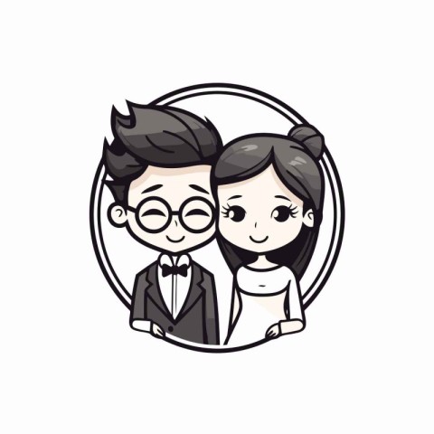 Cute cartoon wedding couple in circle frame vector illustration