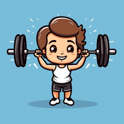 Fitness boy lifting barbell cartoon vector illustration. Fitness